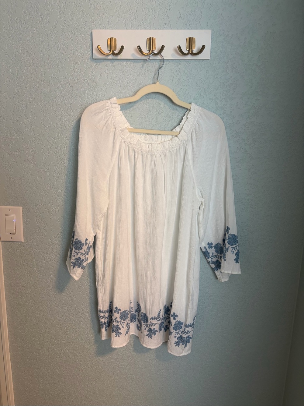 J. Jill White Embroidered Tunic Dress Blue Floral Boho Cover Up Cotten Blend